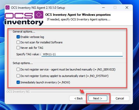 OCS Inventory Agent for Windows properties